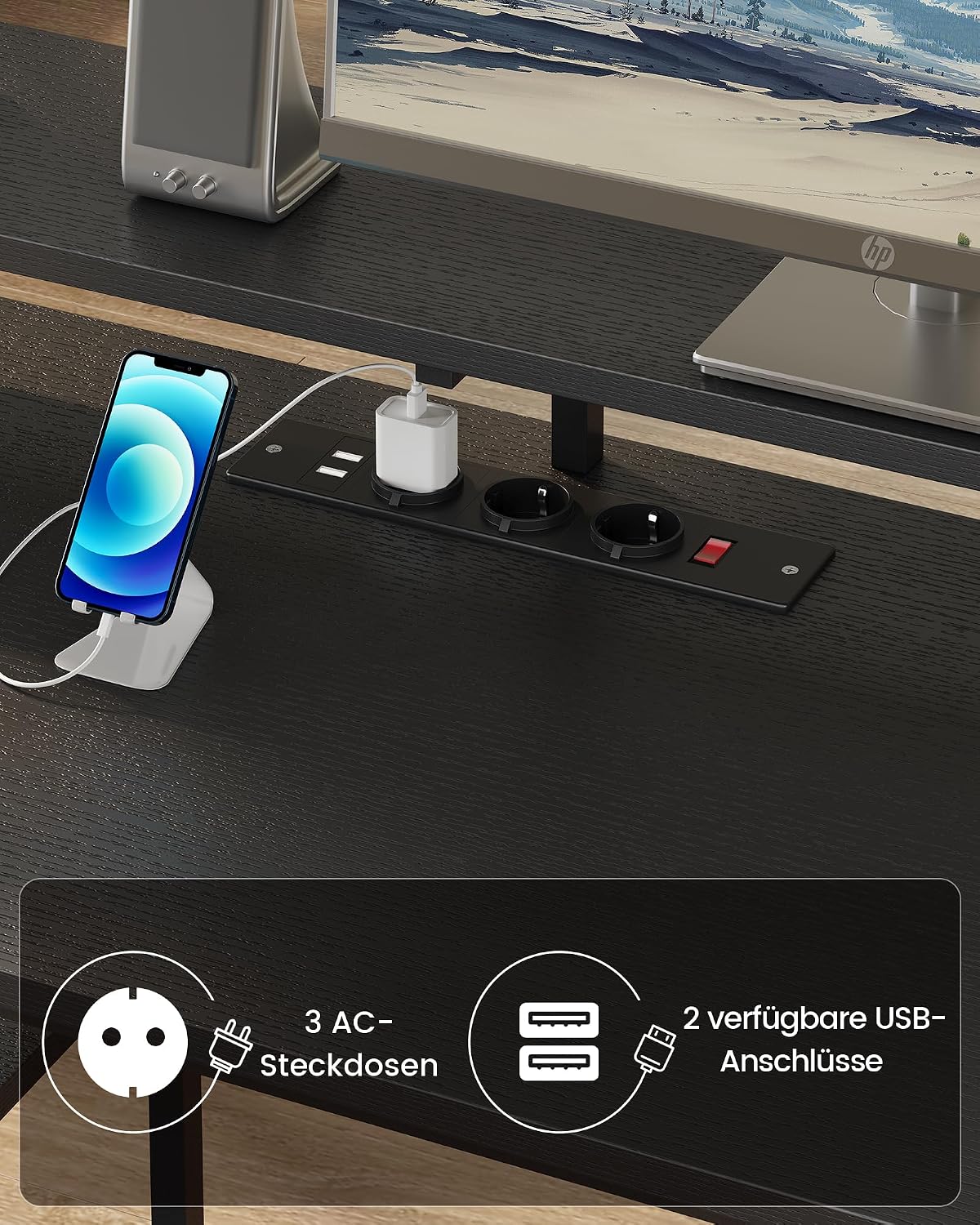 Computer Desk, Gaming Desk with LED Lights & Outlets