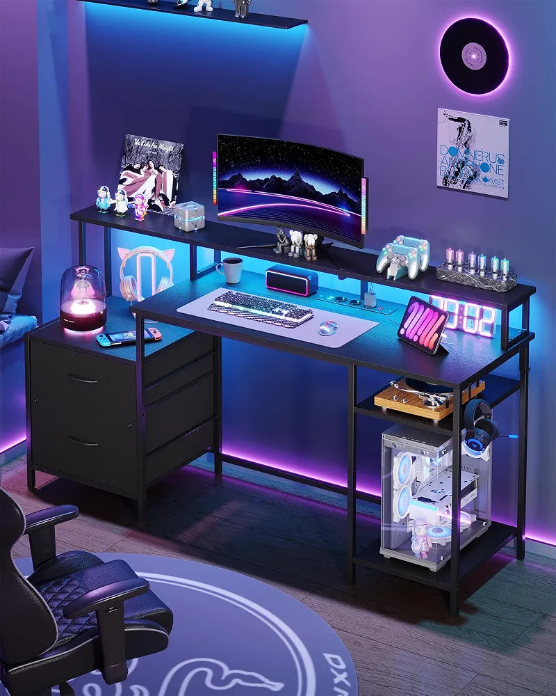 Computer Desk, Gaming Desk with LED Lights & Outlets