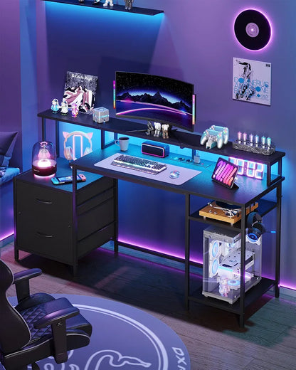 Computer Desk, Gaming Desk with LED Lights & Outlets