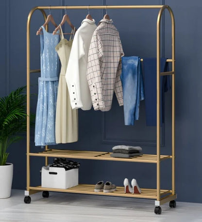 Golden Clothes Rack On Wheels with rail and 2 shelves