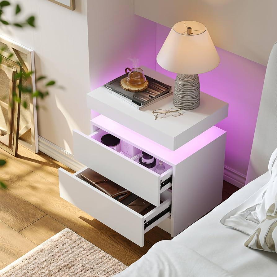 White LED Nightstand Modern  Bedside Table