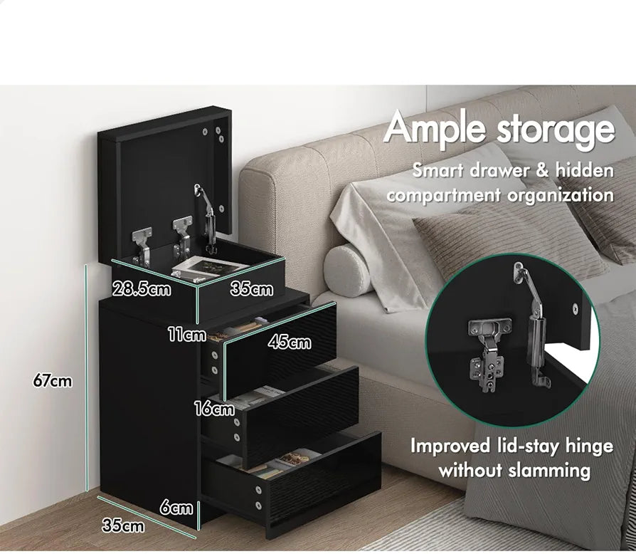 ALFORDSON LED Bedside Table with 3-Drawer Black