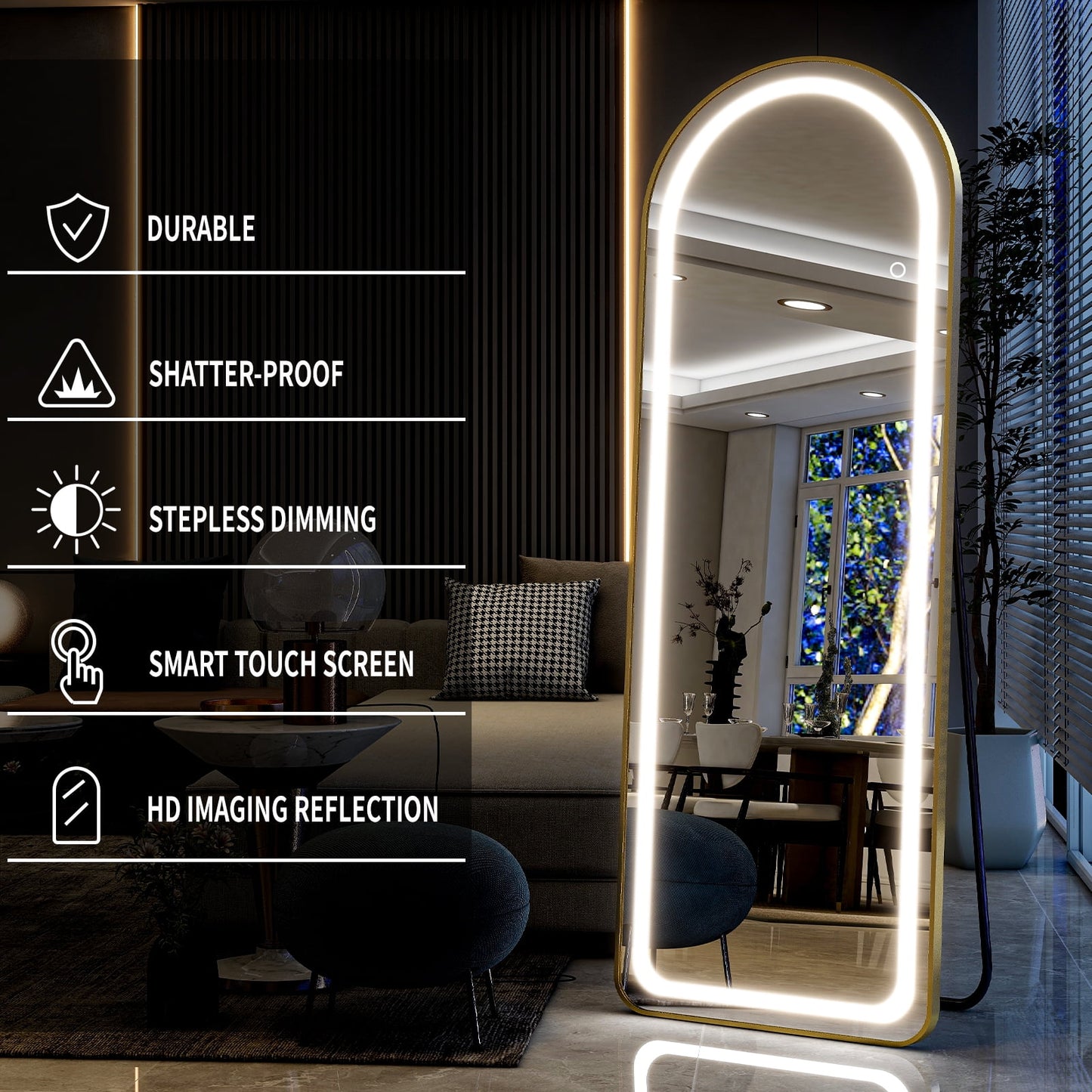 Elegant Arched Full Length Mirror with Lights, Dimmable Touch Switch, Free Standing/Wall Mounted, HD & Explosion-Proof