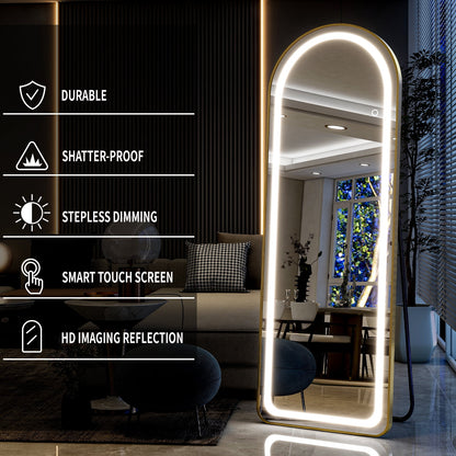 Elegant Arched Full Length Mirror with Lights, Dimmable Touch Switch, Free Standing/Wall Mounted, HD & Explosion-Proof