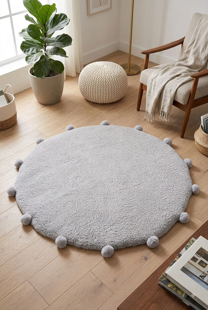 Round mat with pom pom rug carpet Light grey