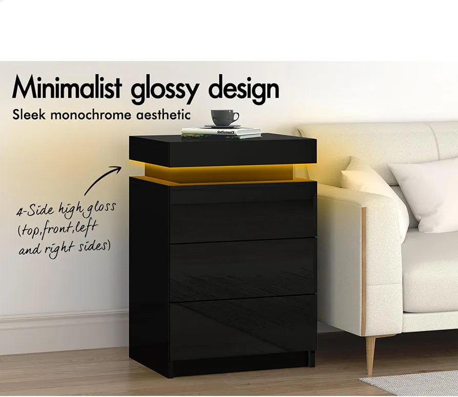 ALFORDSON LED Bedside Table with 3-Drawer Black