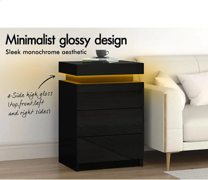 ALFORDSON LED Bedside Table with 3-Drawer Black