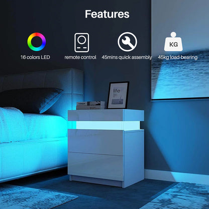 Kumar LED Light Bedside Table St-0064wh [2 Drawers][Nightstand]