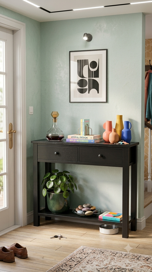Console Table with 2 Wood Drawers & Charging Station HE-NCFCTSFBZ-32 BLACK