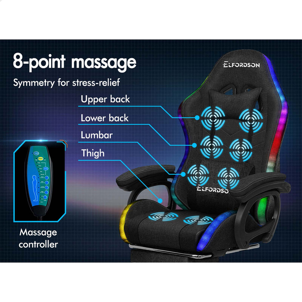 ALFORDSON Gaming Office Chair with LED Lights & 8 Point Massage