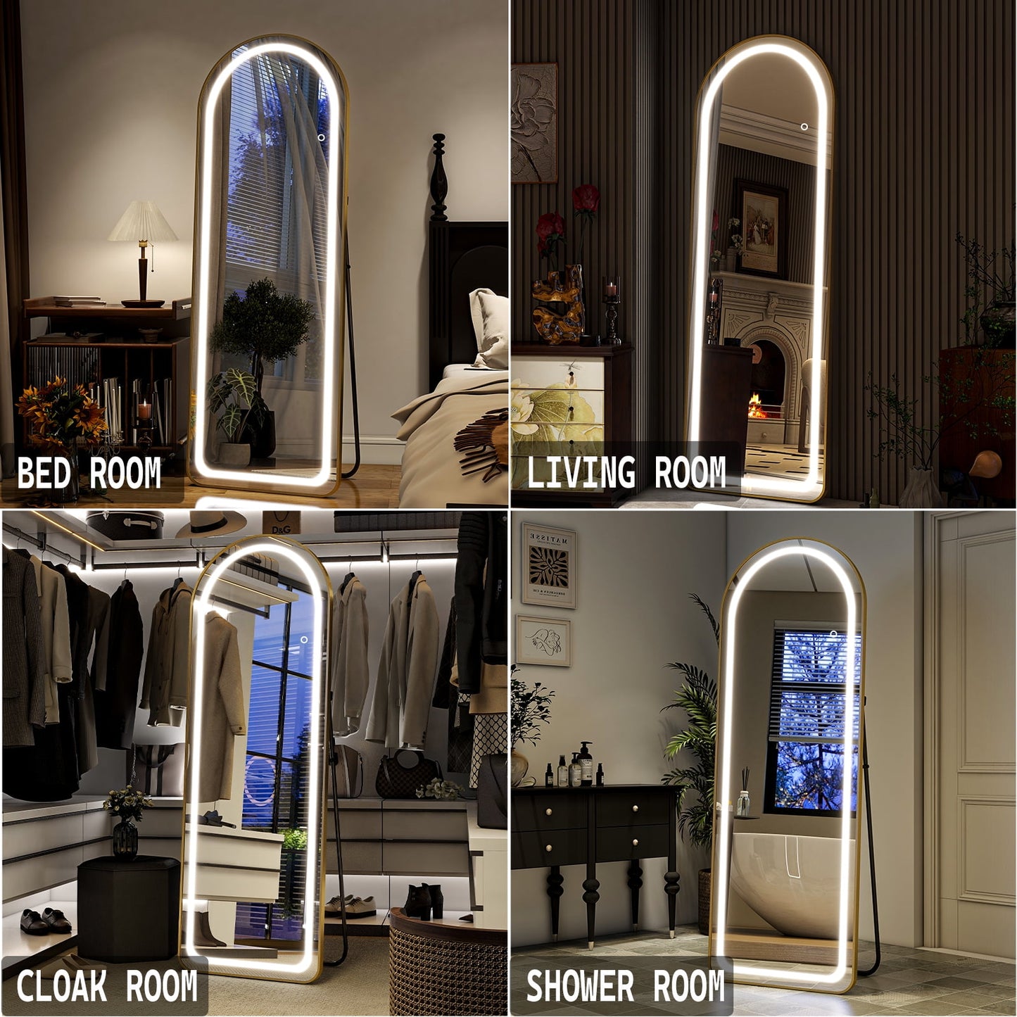 Elegant Arched Full Length Mirror with Lights, Dimmable Touch Switch, Free Standing/Wall Mounted, HD & Explosion-Proof