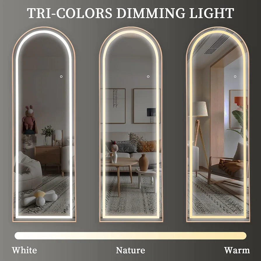 Elegant Arched Full Length Mirror with Lights, Dimmable Touch Switch, Free Standing/Wall Mounted, HD & Explosion-Proof