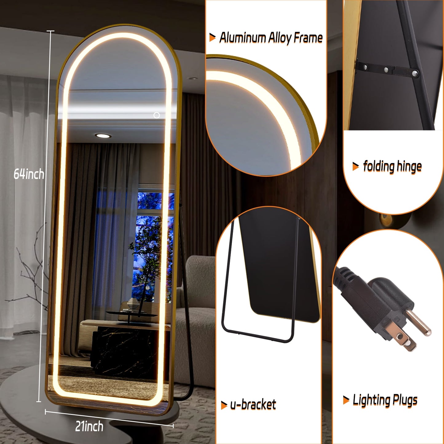 Elegant Arched Full Length Mirror with Lights, Dimmable Touch Switch, Free Standing/Wall Mounted, HD & Explosion-Proof