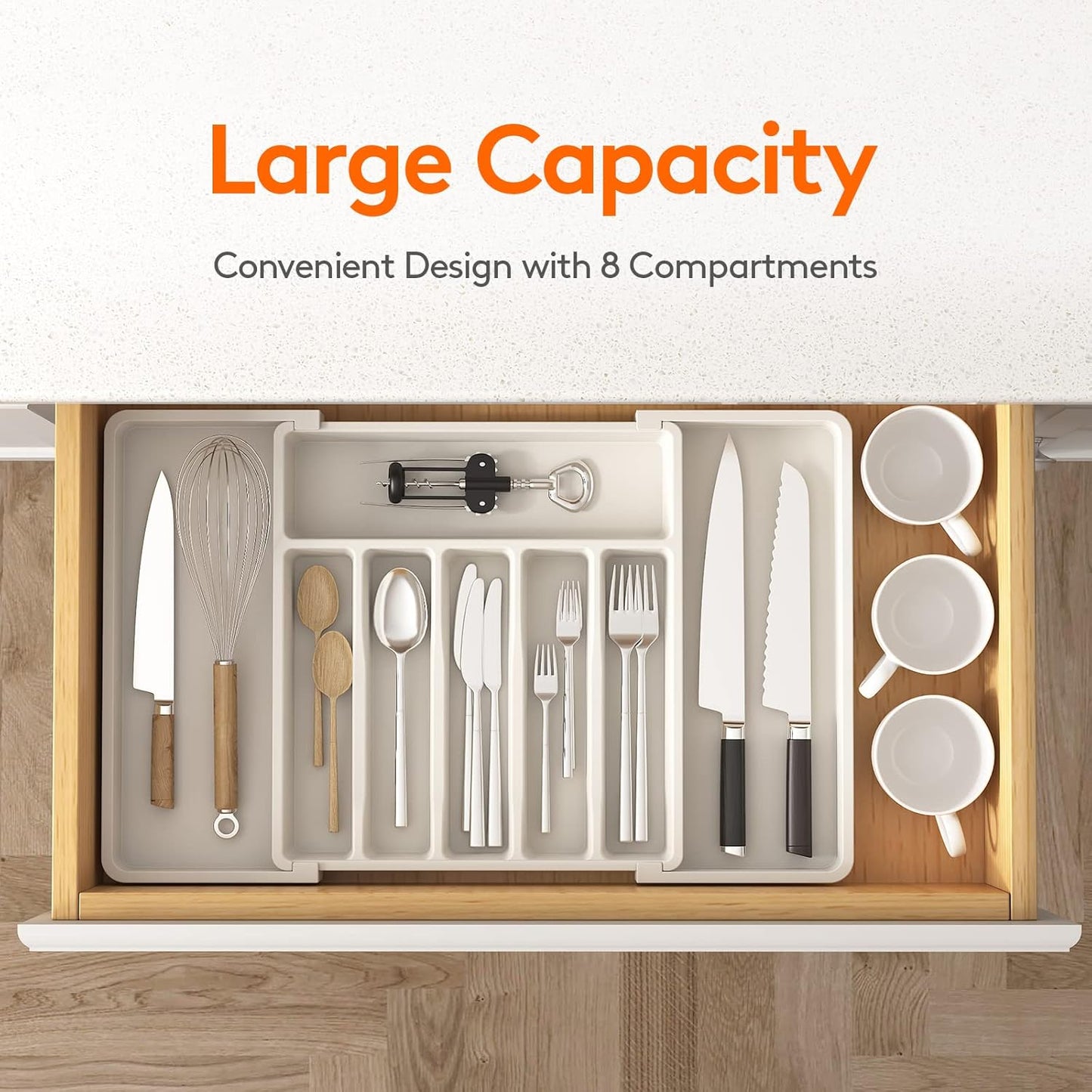 Extra Large Extendable Cutlery Storage Organizer (White)