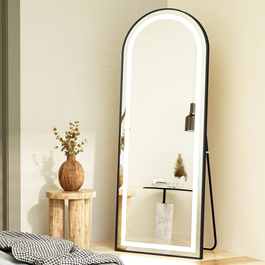 Elegant Arched Full Length Mirror with Lights, Dimmable Touch Switch, Free Standing/Wall Mounted, HD & Explosion-Proof