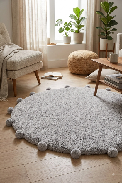 Round mat with pom pom rug carpet Light grey