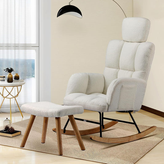 COMHOMA Rocking Chair with Footstool, Teddy Nursing Chair