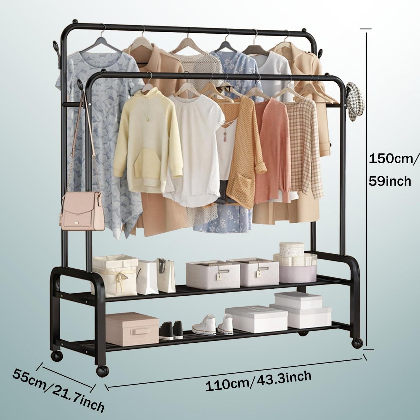 Clothes Rack on Wheels Double Poles