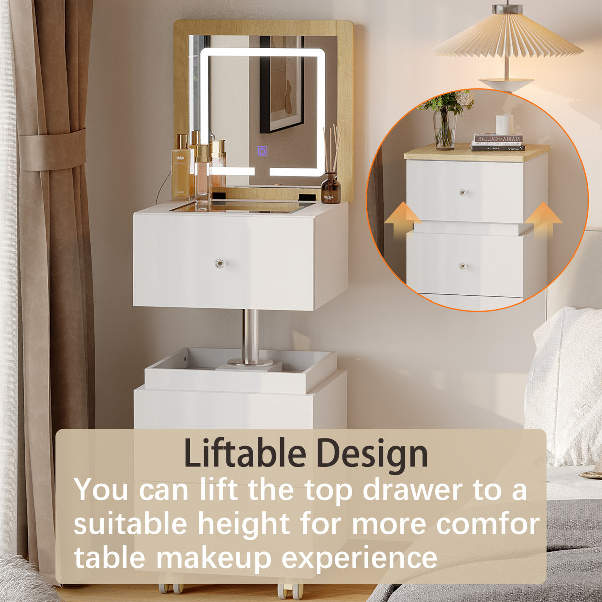 Modern Lift-Top Vanity With Smart Mirror & 6-Compartment Drawers