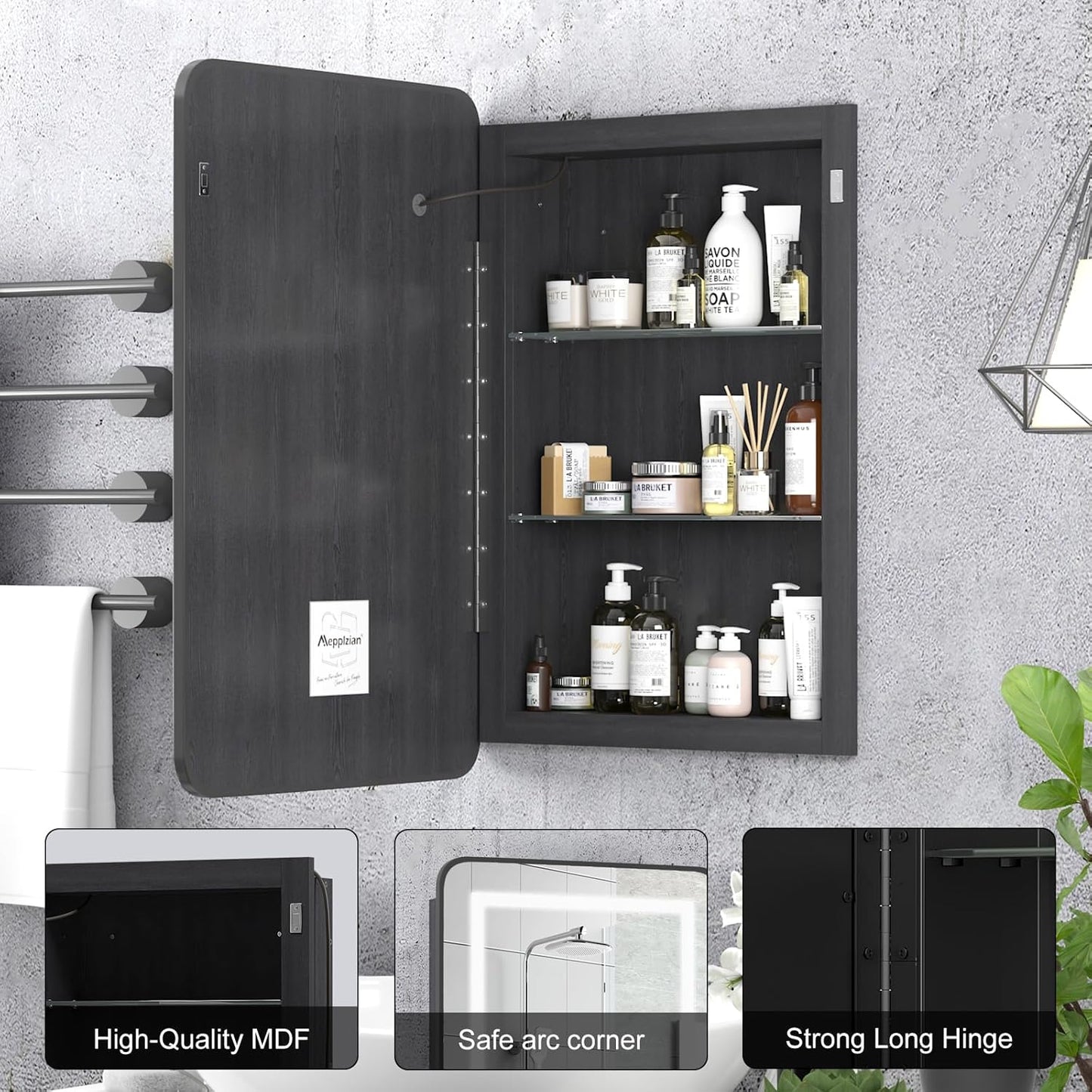 Mepplzian Black Medicine Cabinet with Lights