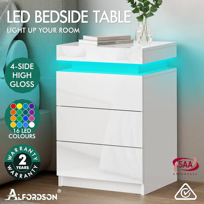 ALFORDSON LED Bedside Table with 3-Drawer