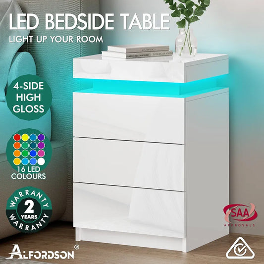 ALFORDSON LED Bedside Table with 3-Drawer