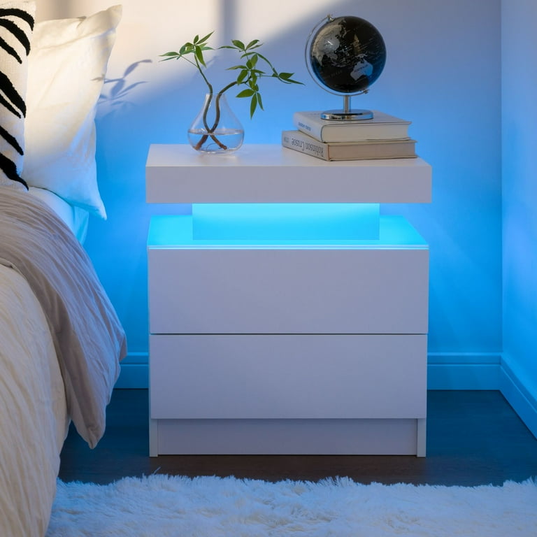 White LED Nightstand Modern  Bedside Table