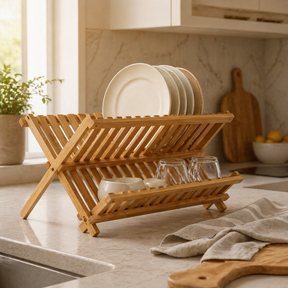 Bamboo Dish Drying Rack (2-Tier Collapsible)