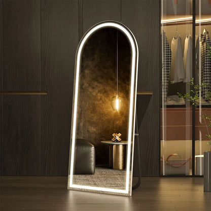 Elegant Arched Full Length Mirror with Lights, Dimmable Touch Switch, Free Standing/Wall Mounted, HD & Explosion-Proof