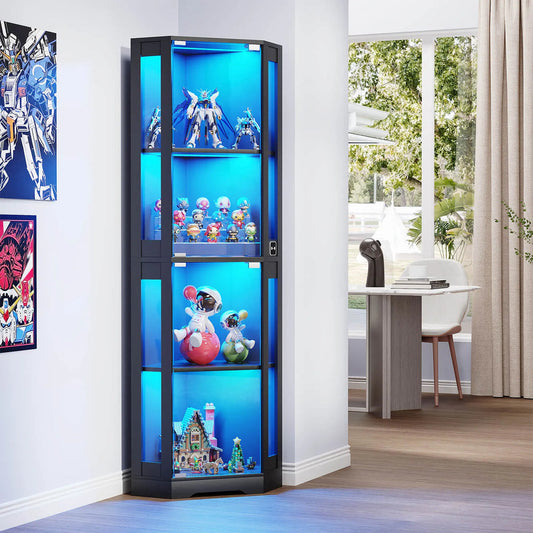 BROTTAR Corner Glass Display Cabinet with LED Lights (Black)