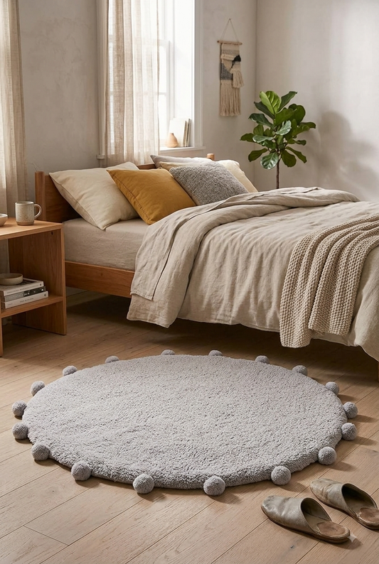 Round mat with pom pom rug carpet Light grey