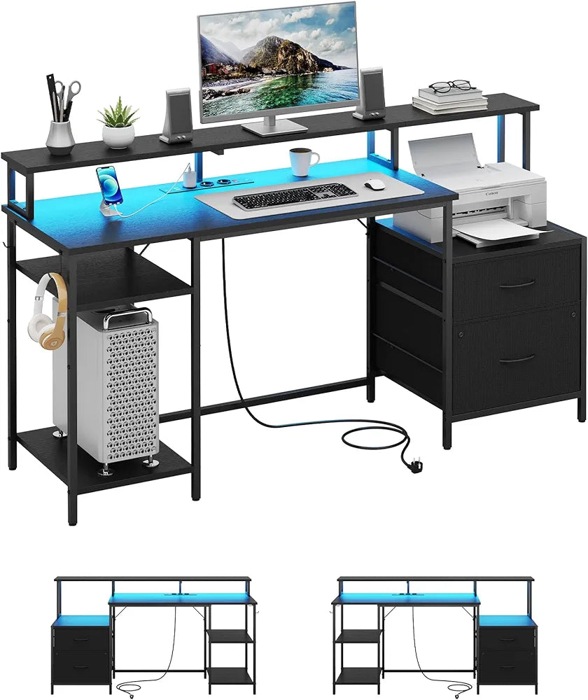 Computer Desk, Gaming Desk with LED Lights & Outlets
