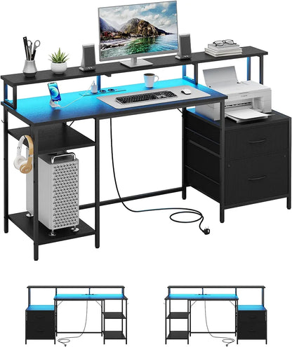 Computer Desk, Gaming Desk with LED Lights & Outlets