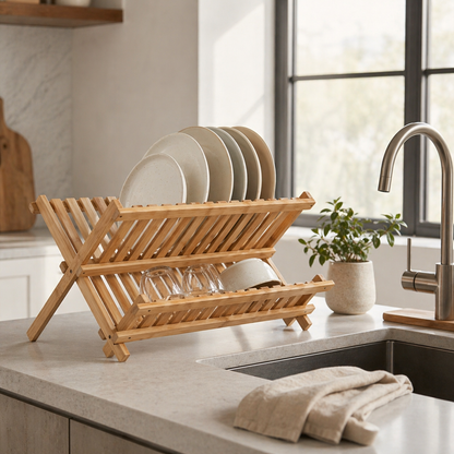 Bamboo Dish Drying Rack (2-Tier Collapsible)