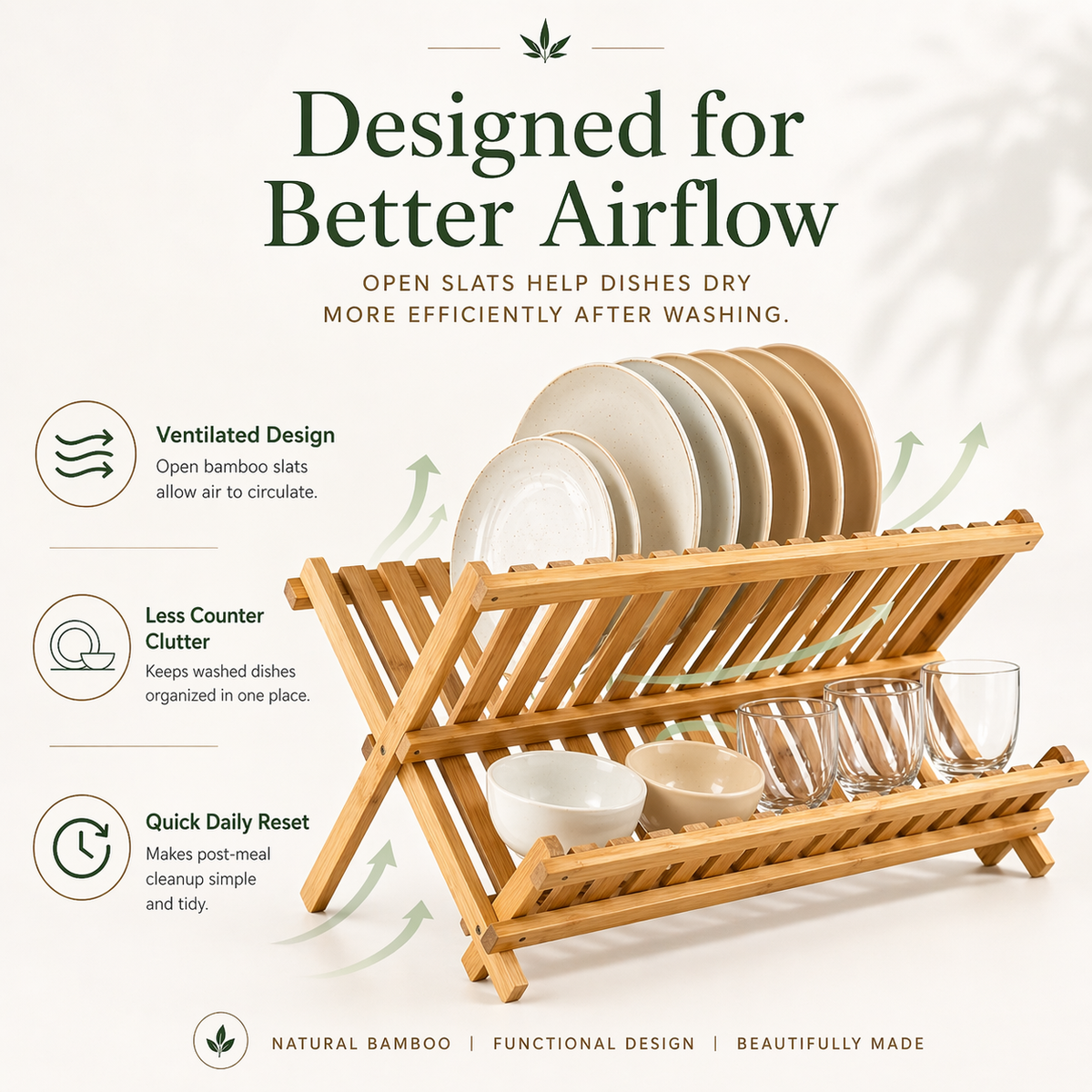 Bamboo Dish Drying Rack (2-Tier Collapsible)