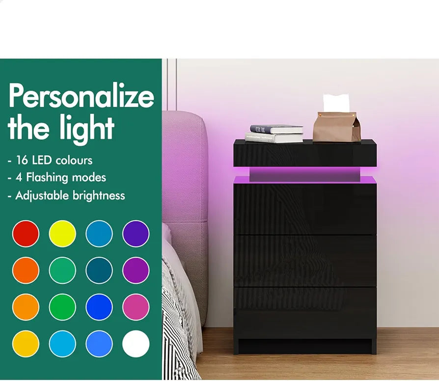 ALFORDSON LED Bedside Table with 3-Drawer Black