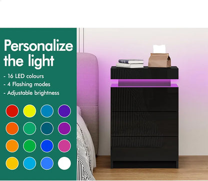ALFORDSON LED Bedside Table with 3-Drawer Black