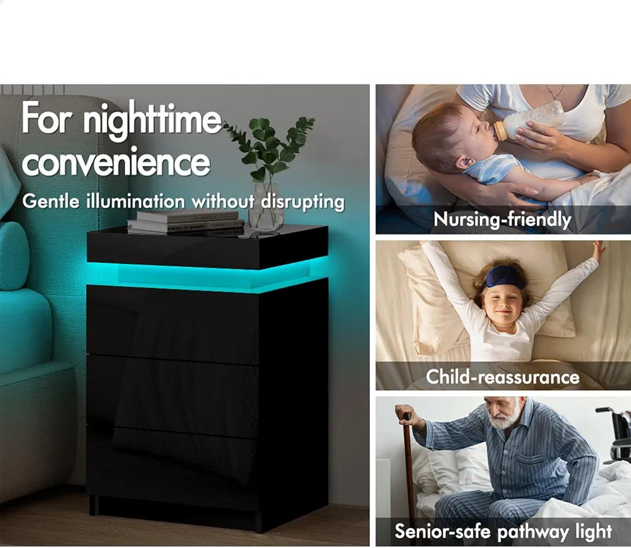 ALFORDSON LED Bedside Table with 3-Drawer Black