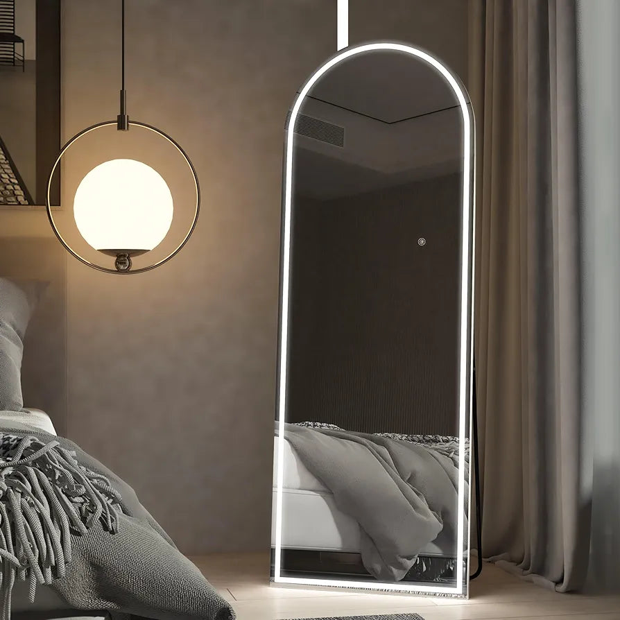 Elegant Arched Full Length Mirror with Lights, Dimmable Touch Switch, Free Standing/Wall Mounted, HD & Explosion-Proof