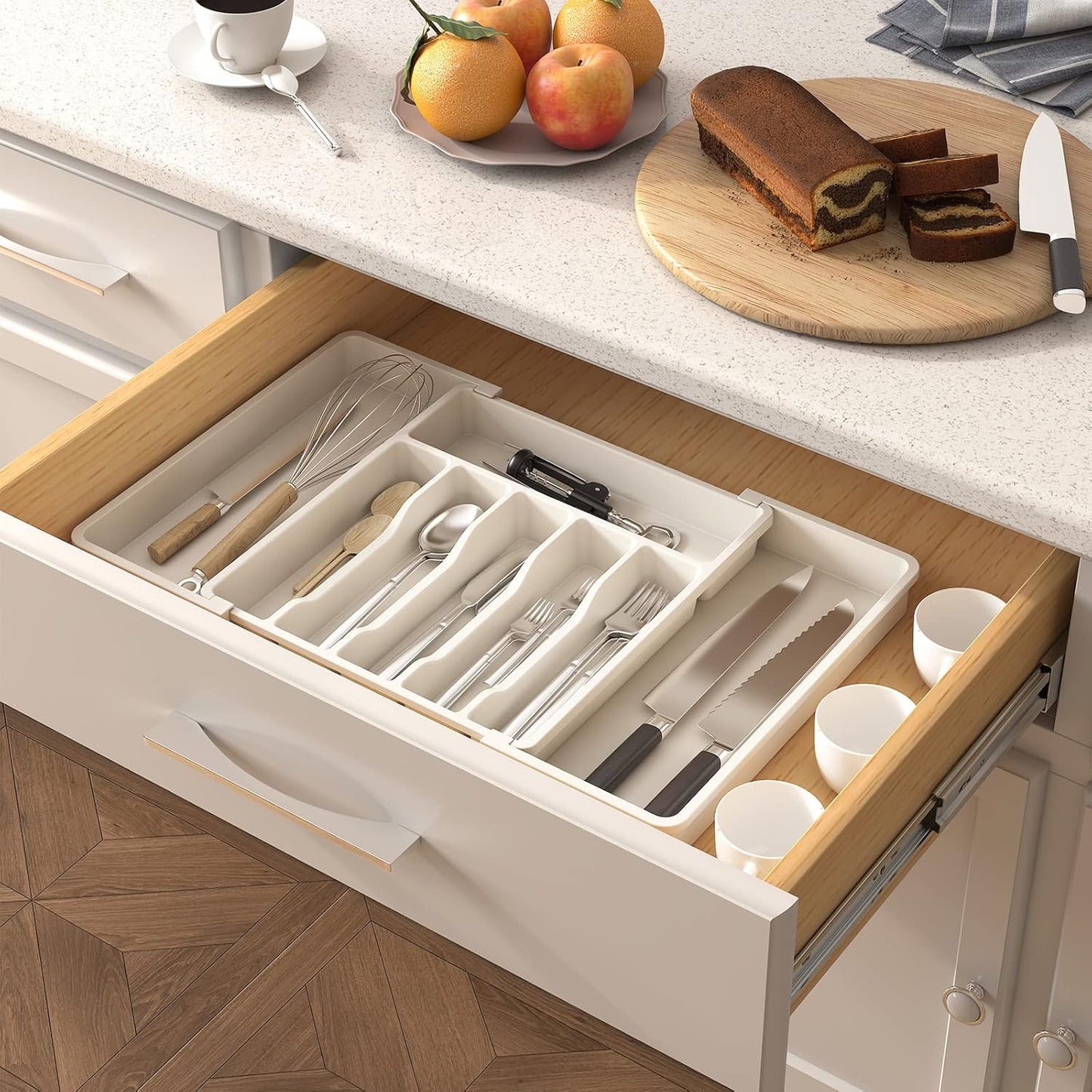 Extra Large Extendable Cutlery Storage Organizer (White)