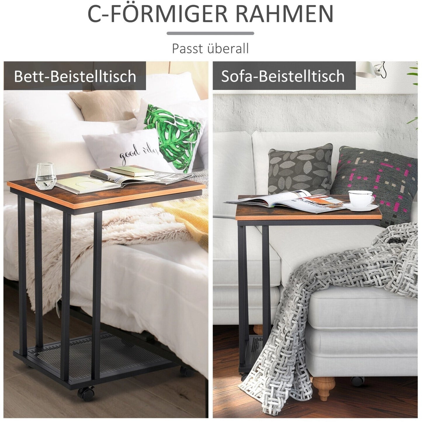 HOMCOM C Shaped Side Table with Wheels