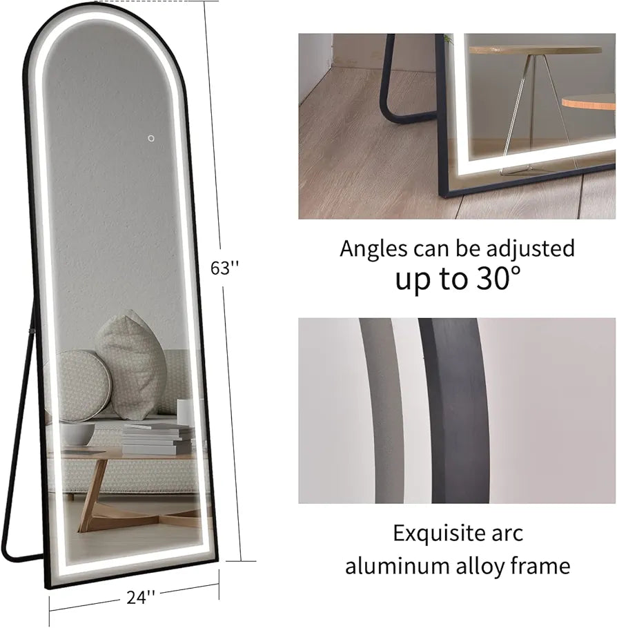 Elegant Arched Full Length Mirror with Lights, Dimmable Touch Switch, Free Standing/Wall Mounted, HD & Explosion-Proof