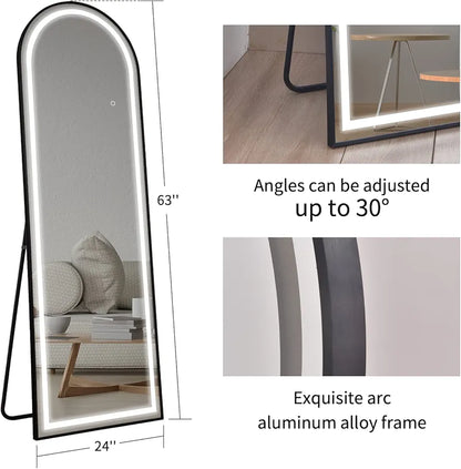 Elegant Arched Full Length Mirror with Lights, Dimmable Touch Switch, Free Standing/Wall Mounted, HD & Explosion-Proof