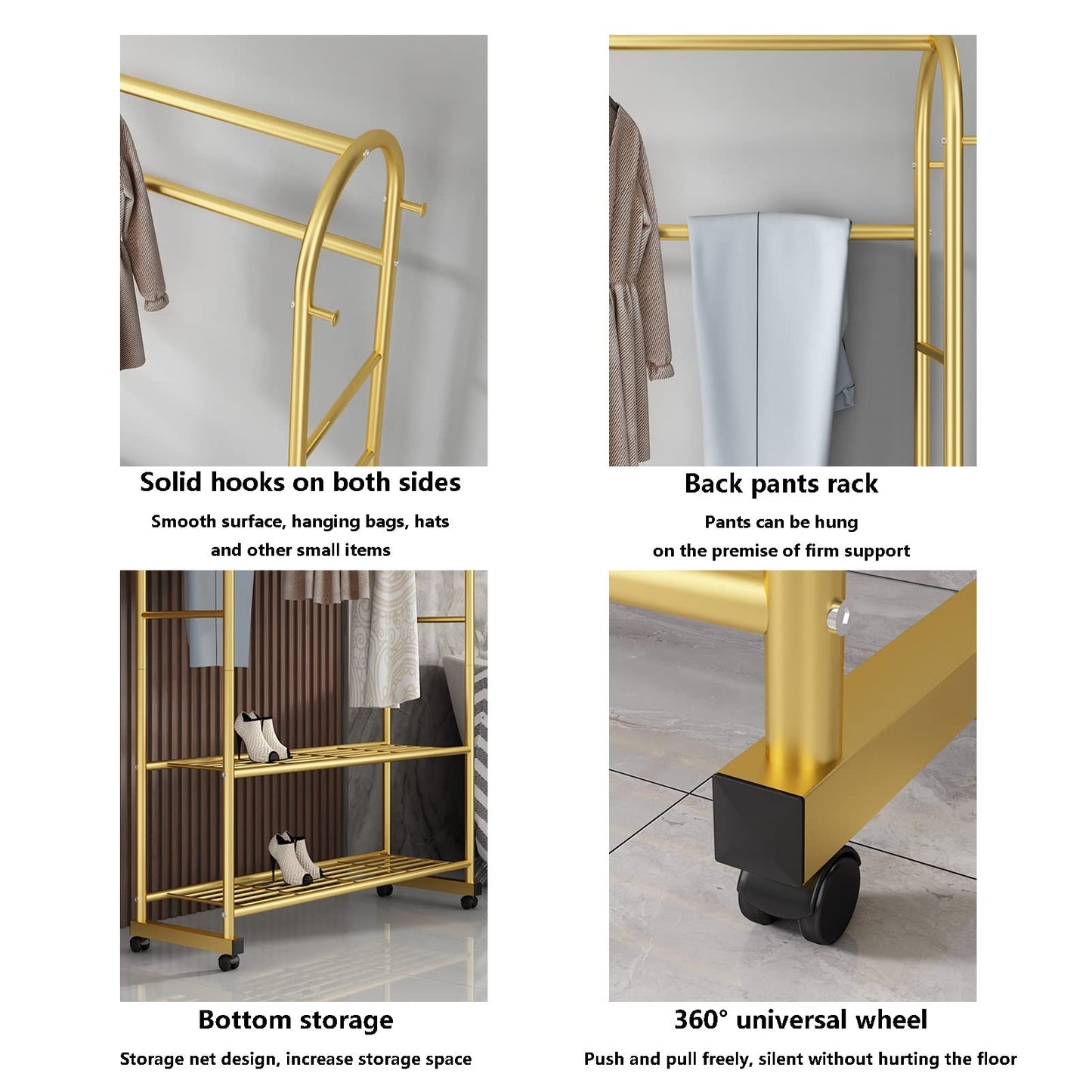 Golden Clothes Rack On Wheels with rail and 2 shelves