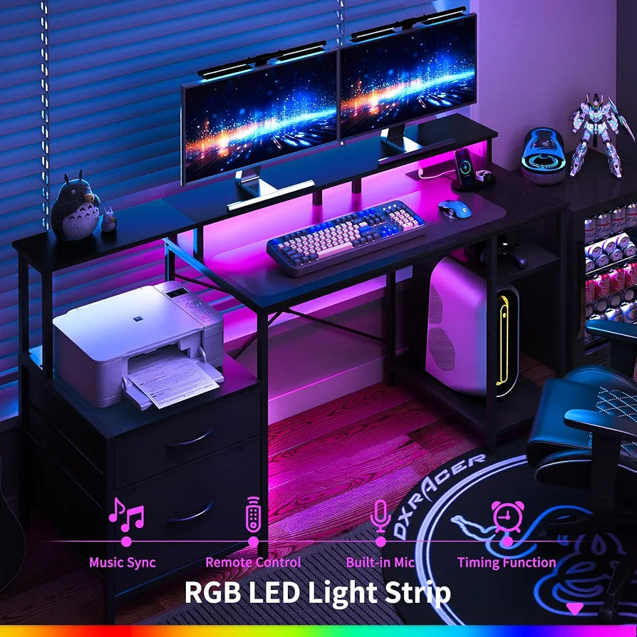 Computer Desk, Gaming Desk with LED Lights & Outlets