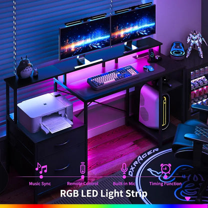 Computer Desk, Gaming Desk with LED Lights & Outlets