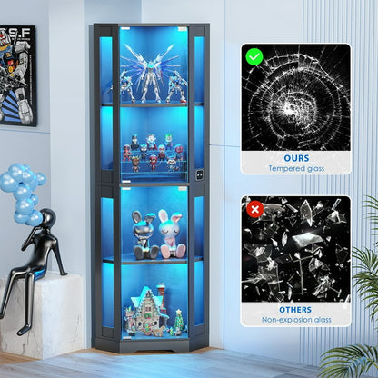BROTTAR Corner Glass Display Cabinet with LED Lights (Black)