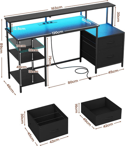 Computer Desk, Gaming Desk with LED Lights & Outlets