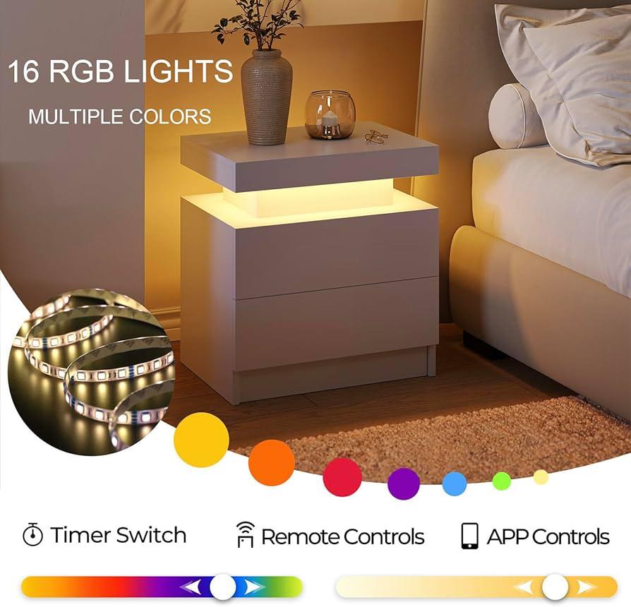 White LED Nightstand Modern  Bedside Table