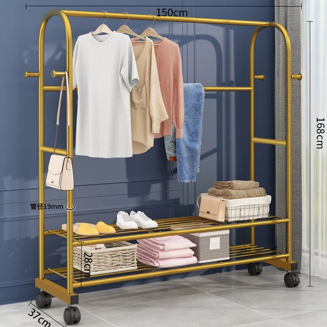 Golden Clothes Rack On Wheels with rail and 2 shelves Hello Cart